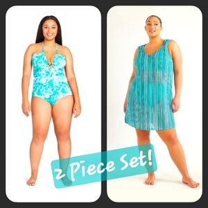 Time & Tru V-Neck Beaded Halter Swimsuit w/V-Neck Crochet Coverup Dress - *NWT*